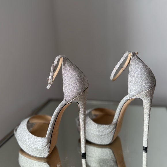 EUC Jimmy Choo Max 150 Metallic Silver Glitter Fabric Platform Stiletto Sandals - Picture 11 of 15